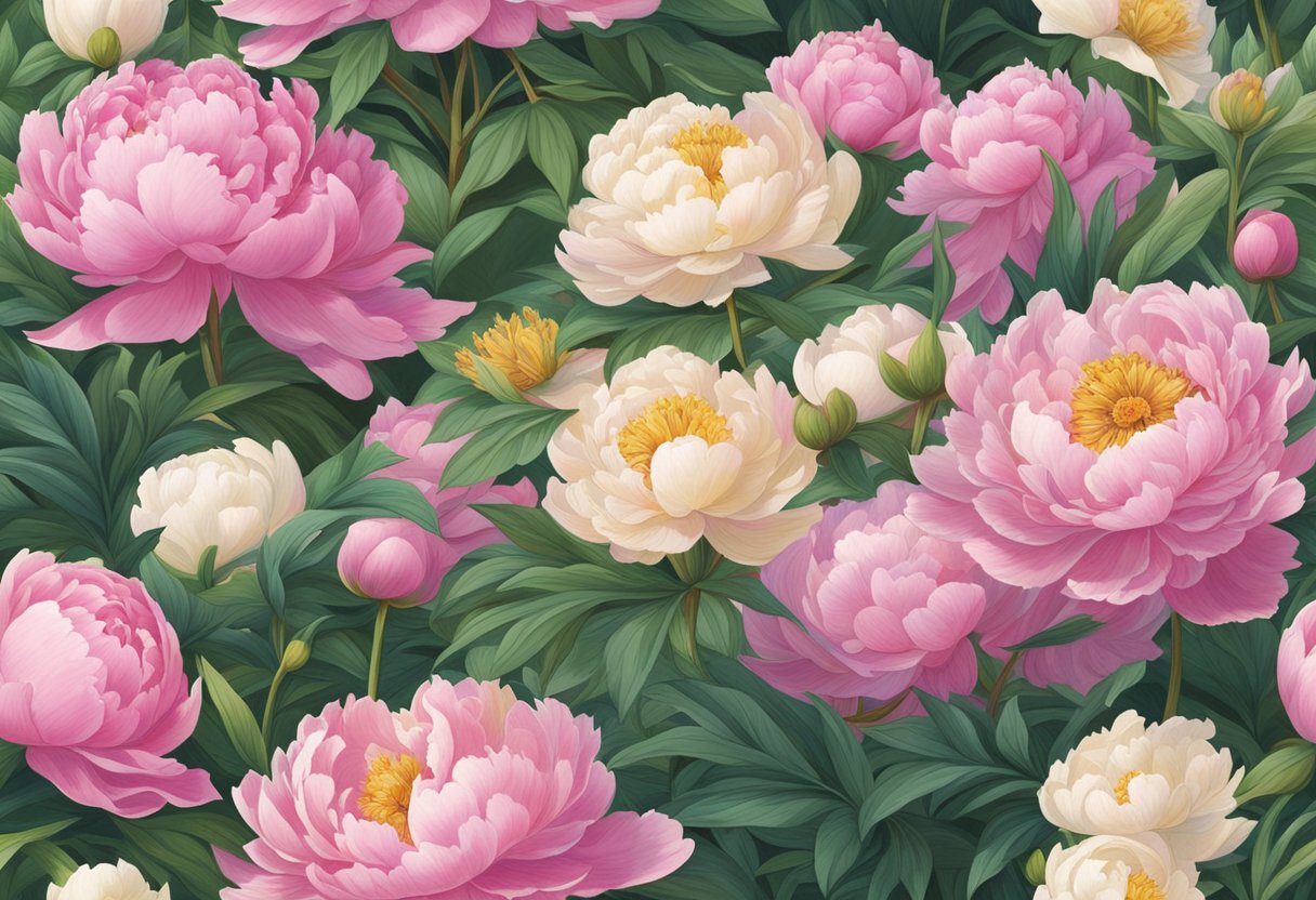 Peonies planted in Texas soil under a bright sun, surrounded by lush green foliage and blooming flowers