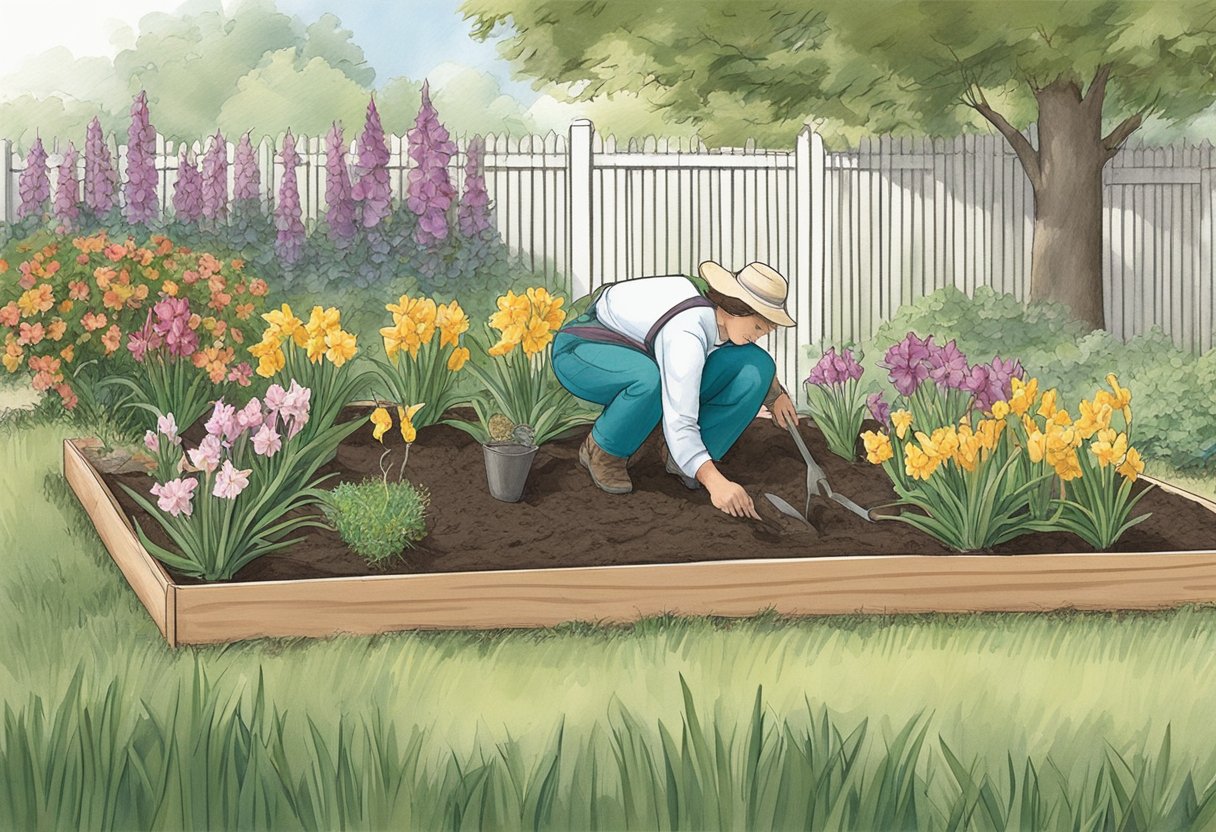 A gardener plants gladiolus bulbs in a sunny, well-drained garden bed in Zone 9. The soil is loose and amended with organic matter. The bulbs are spaced 6 inches apart and planted 4 inches deep
