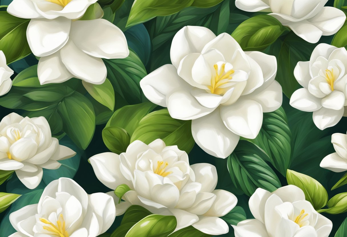 Gardenias bloom in a lush garden, surrounded by vibrant green leaves and delicate white petals, emitting a sweet and intoxicating fragrance