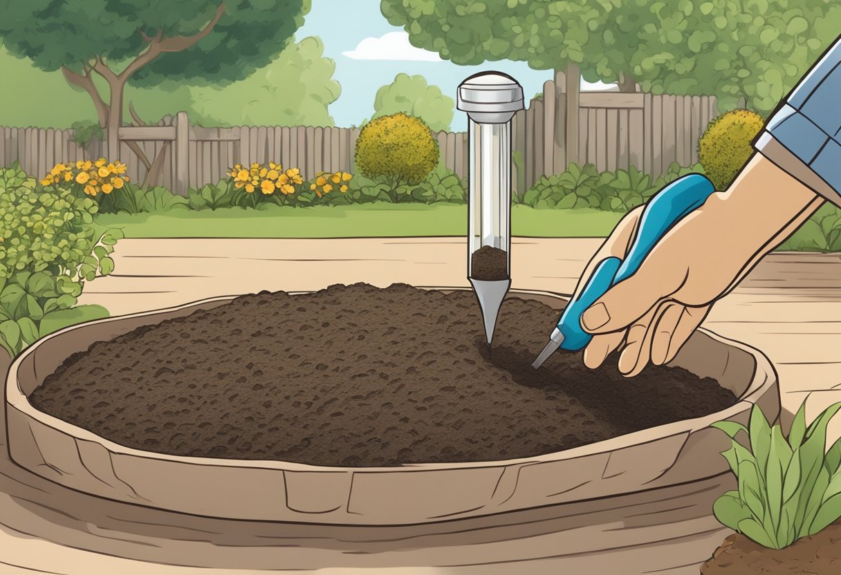 A garden bed with loose, well-draining soil. A hand holding a bulb, planting it 3 inches deep. Sunlight and water nearby