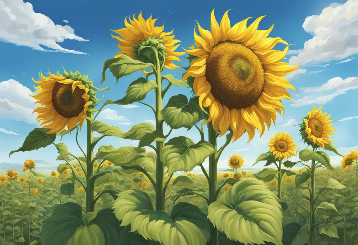 Mammoth sunflowers bloom in late summer, their towering yellow heads reaching towards the sun, surrounded by lush green leaves and a backdrop of blue sky