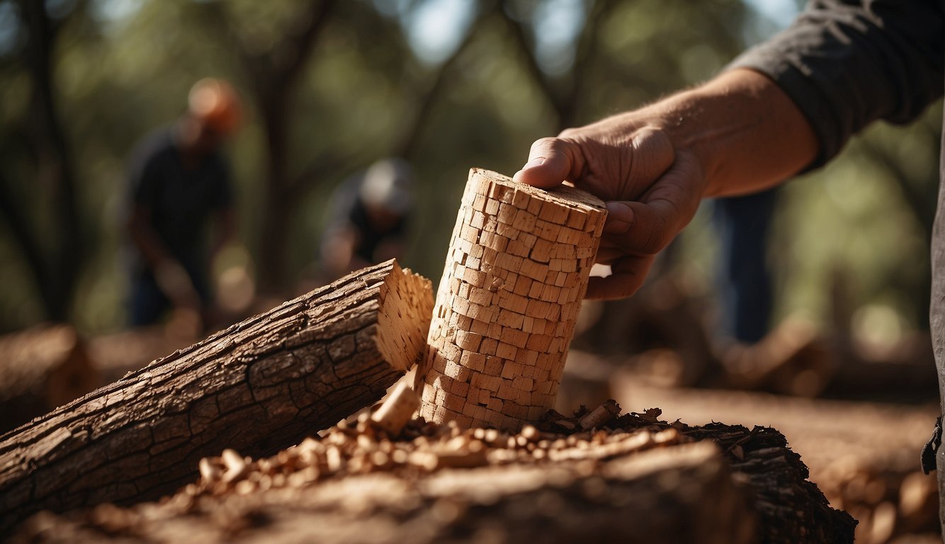 A cork tree being harvested for its bark, workers carefully peeling off the outer layer, revealing the natural texture and pattern of the cork