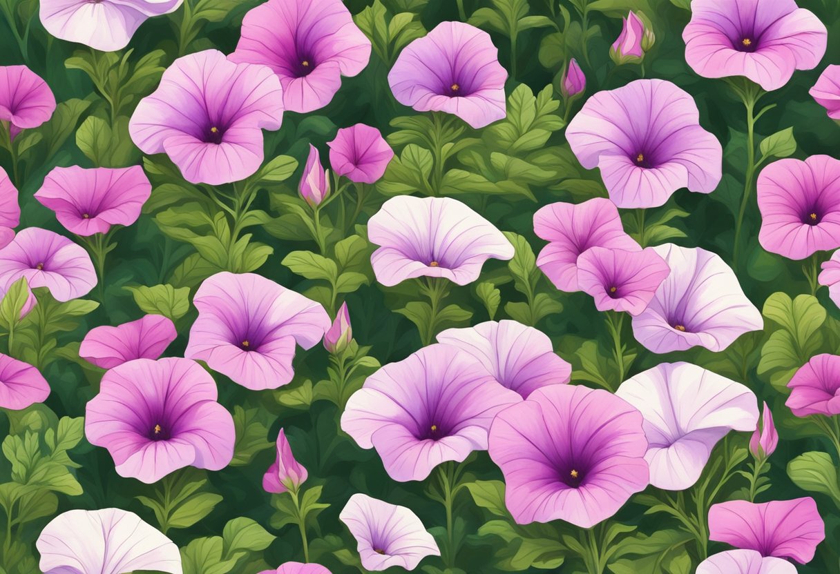 Petunias bloom in a vibrant garden, surrounded by green foliage and bathed in warm sunlight