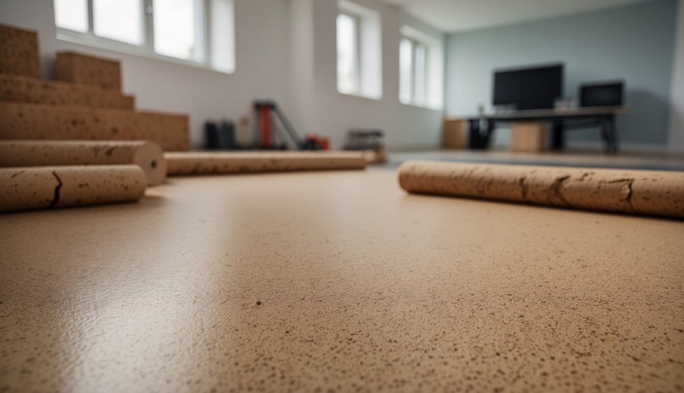 A cork flooring installation guide, with tools and materials laid out, a room in progress, and finished flooring