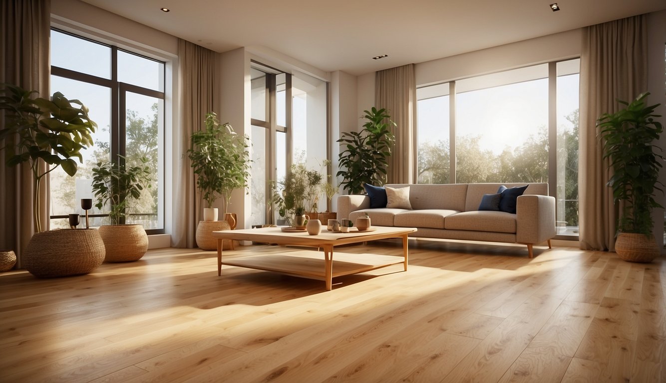 A room with warm, natural light showcases a spacious living area with sleek, honey-toned cork floors. The flooring exudes a cozy, inviting atmosphere, with its unique texture and earthy color palette