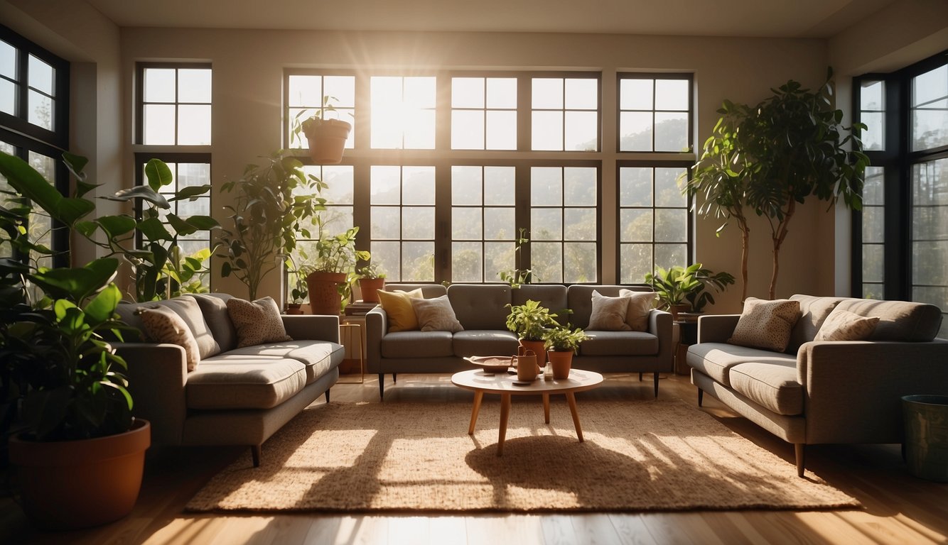 A living room with cork flooring, sunlight streaming in through a large window, potted plants scattered around, and a cozy sofa and coffee table in the center