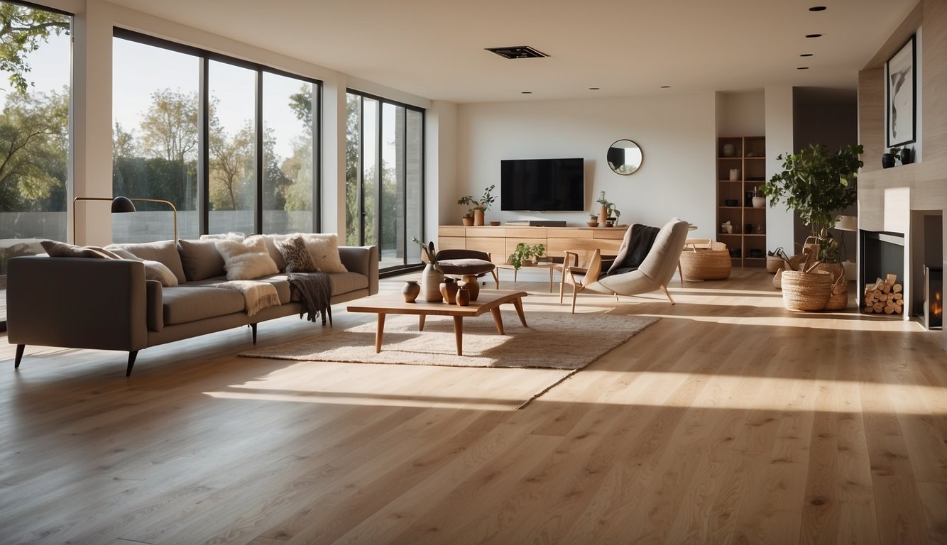 A spacious room with natural lighting showcases a modern living space with sleek cork flooring. Various furniture pieces and decor highlight the durability and aesthetic appeal of the flooring