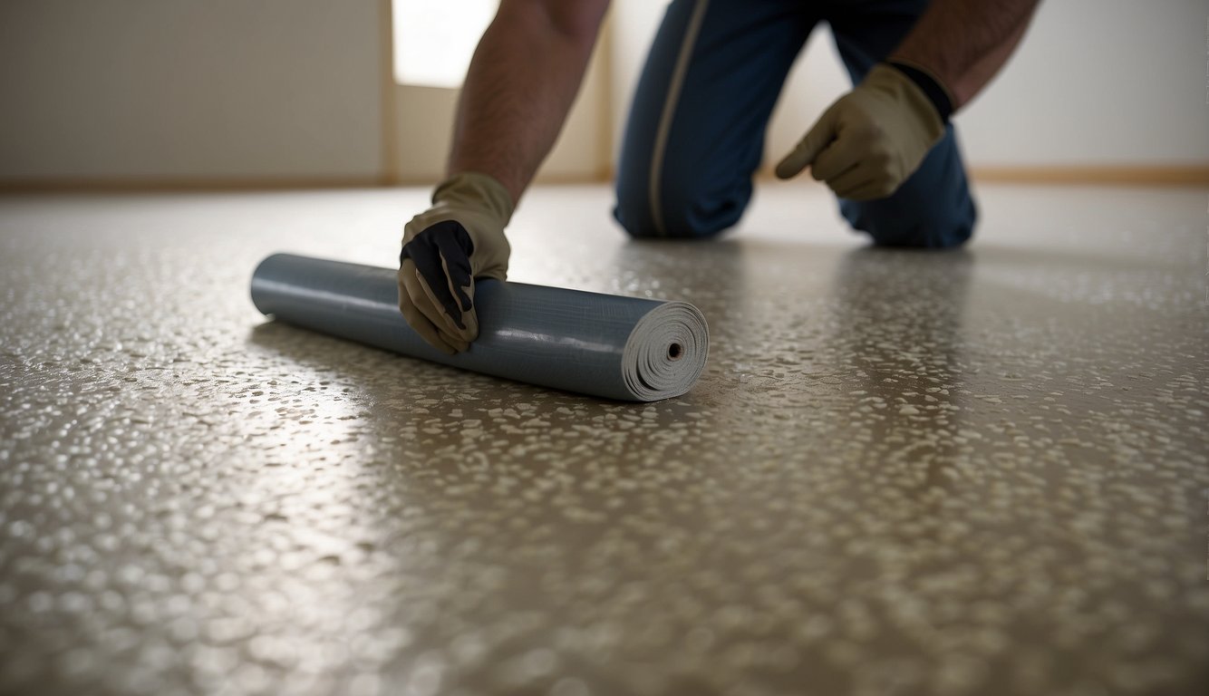 A worker lays down linoleum flooring, smoothing out air bubbles with a roller. The flooring is cut to fit the room, then adhered to the subfloor