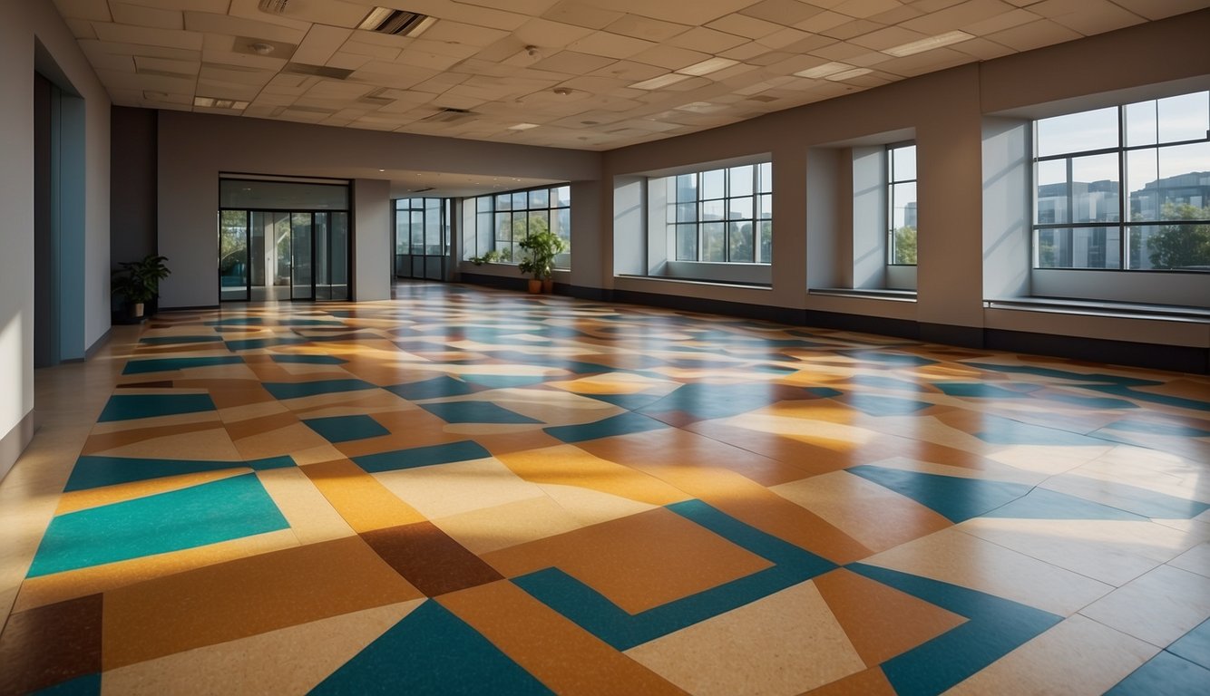 A spacious room with linoleum flooring, featuring a variety of vibrant colors and patterns. The flooring is smooth and durable, with a glossy finish that adds a touch of elegance to the space