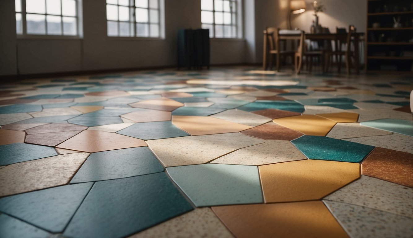 A room with linoleum flooring, featuring a variety of design options and color swatches. Natural light fills the space, highlighting the texture and patterns of the flooring samples