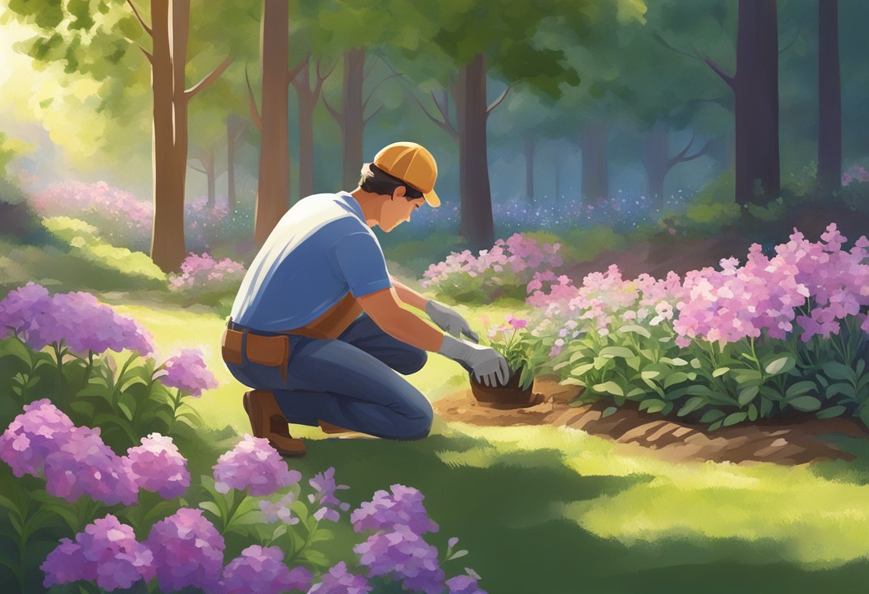 Sunlight filters through the trees as a gardener kneels in the soil, planting delicate phlox flowers in a well-tended garden bed