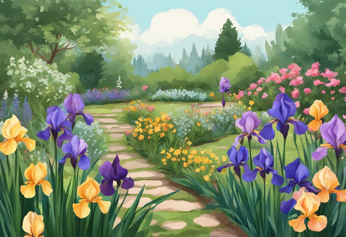 A garden with wilted irises, surrounded by healthy blooming flowers
