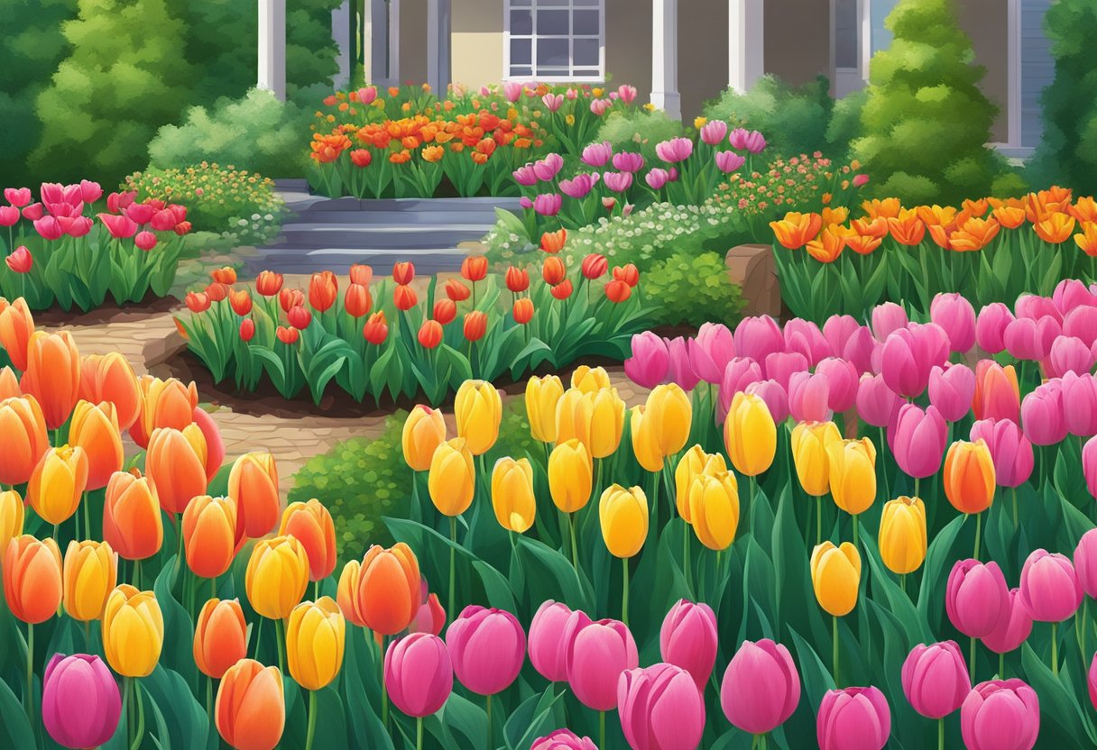 Drooping tulips in a garden bed, surrounded by vibrant green leaves and a backdrop of colorful flowers