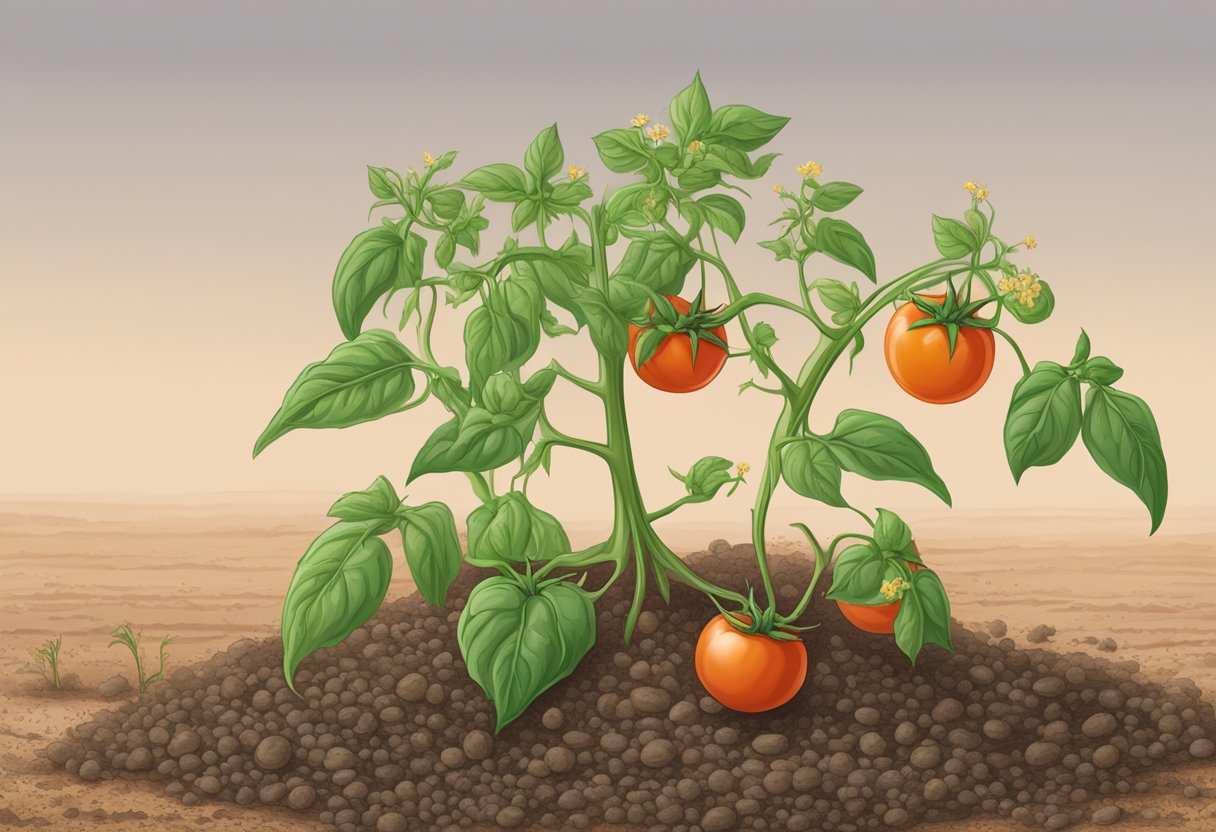 Healthy tomato plant with wilting flowers, surrounded by dry soil and lack of water