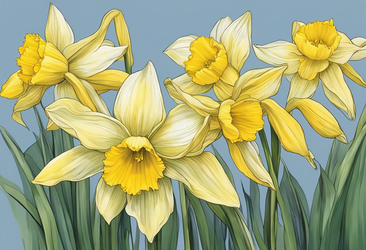 Yellow daffodils bend, wilting under the weight of their own blooms. The stems droop, their vibrant color fading, as if questioning their own vitality