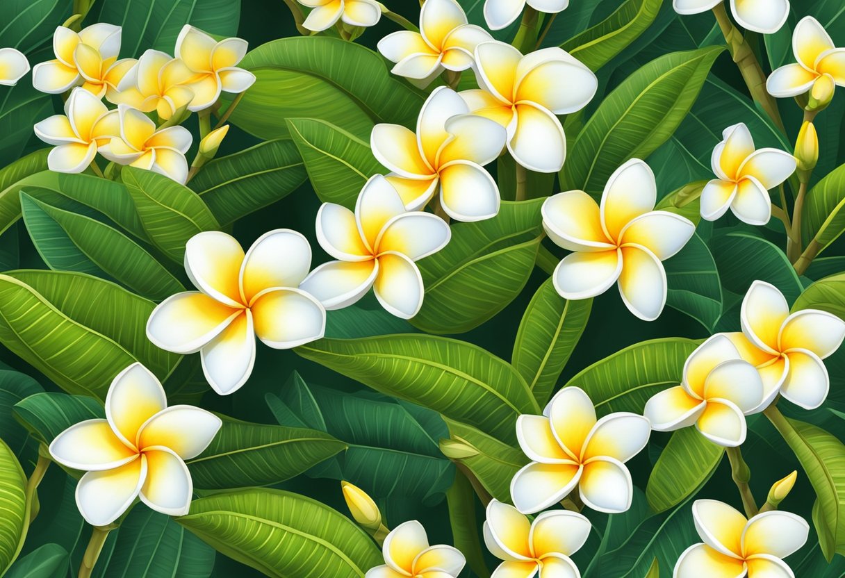 A plumeria plant with unopened buds, surrounded by lush green leaves and receiving ample sunlight