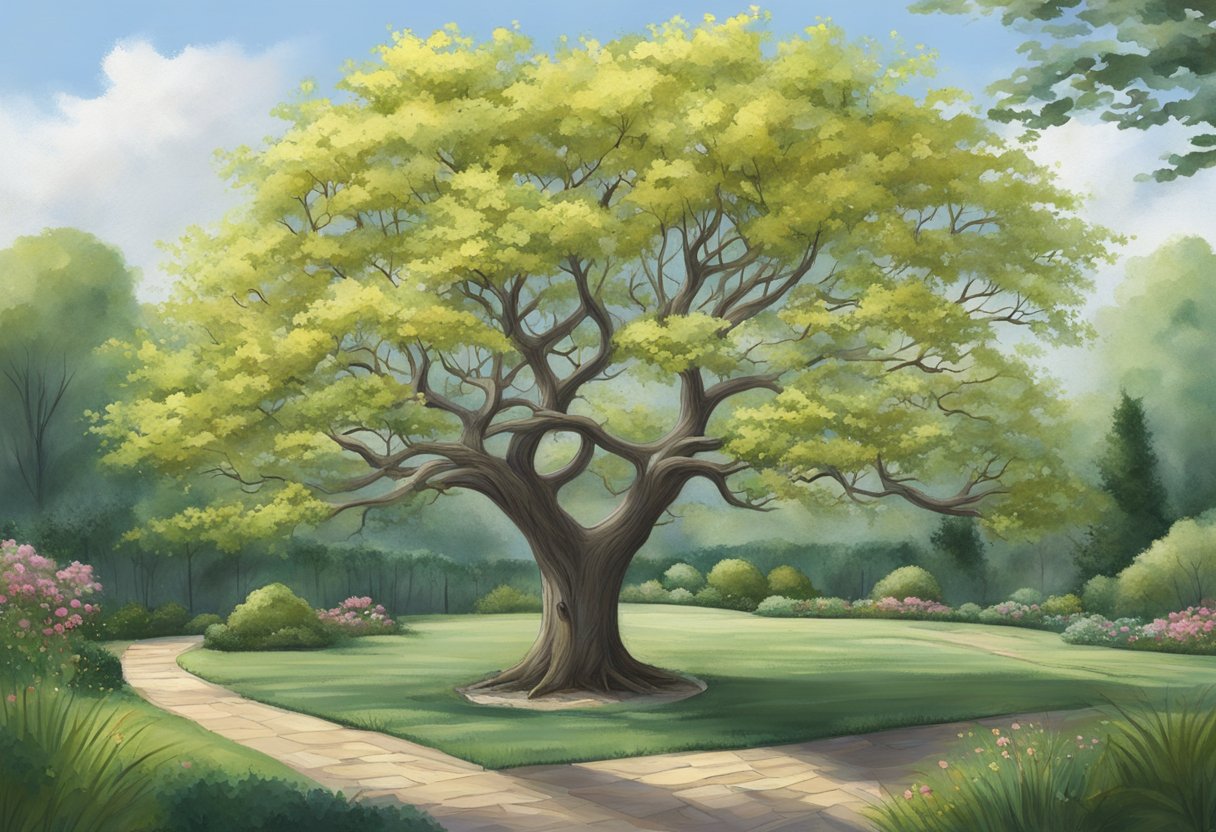 A bare tree stands in a garden, surrounded by lush greenery. Its branches are void of any blossoms or leaves, leaving the viewer to wonder, "Why didn't my tree bloom this year?"