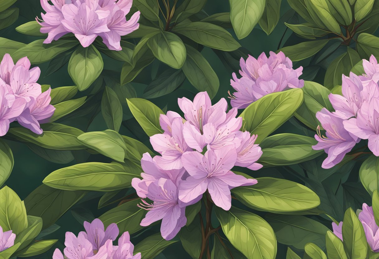 A rhododendron plant with no flowers, surrounded by healthy green foliage and a few fallen petals on the ground
