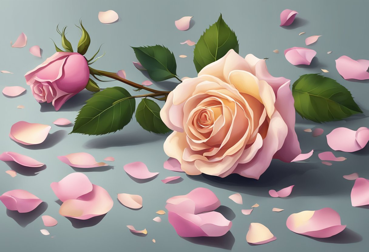 A wilted rose lies on a table, surrounded by scattered petals and a drooping stem