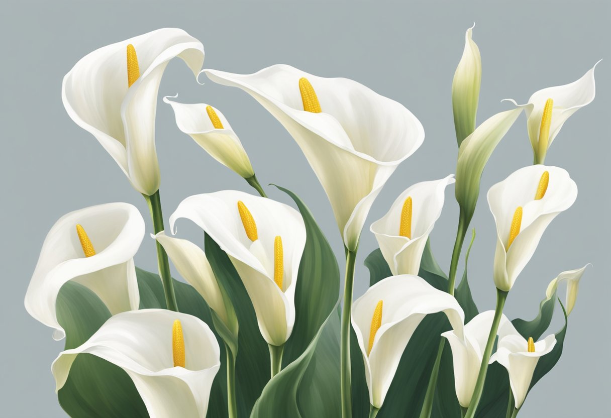 Calla lilies droop, their graceful white blooms bending towards the ground, as if in a gentle bow. The long, smooth stems support the delicate flowers, creating a sense of elegance and vulnerability