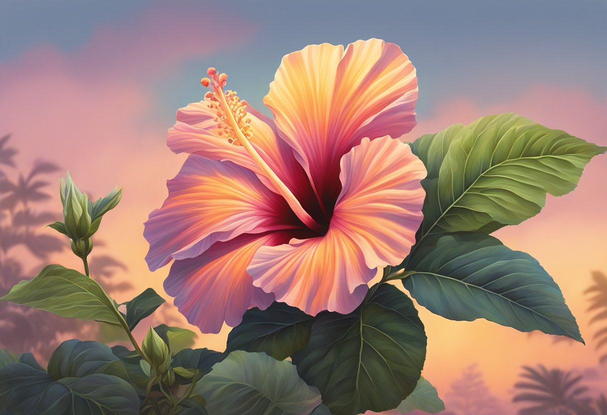 A hibiscus flower closes at dusk, its vibrant petals folding inward, as the fading light casts a soft glow on the garden