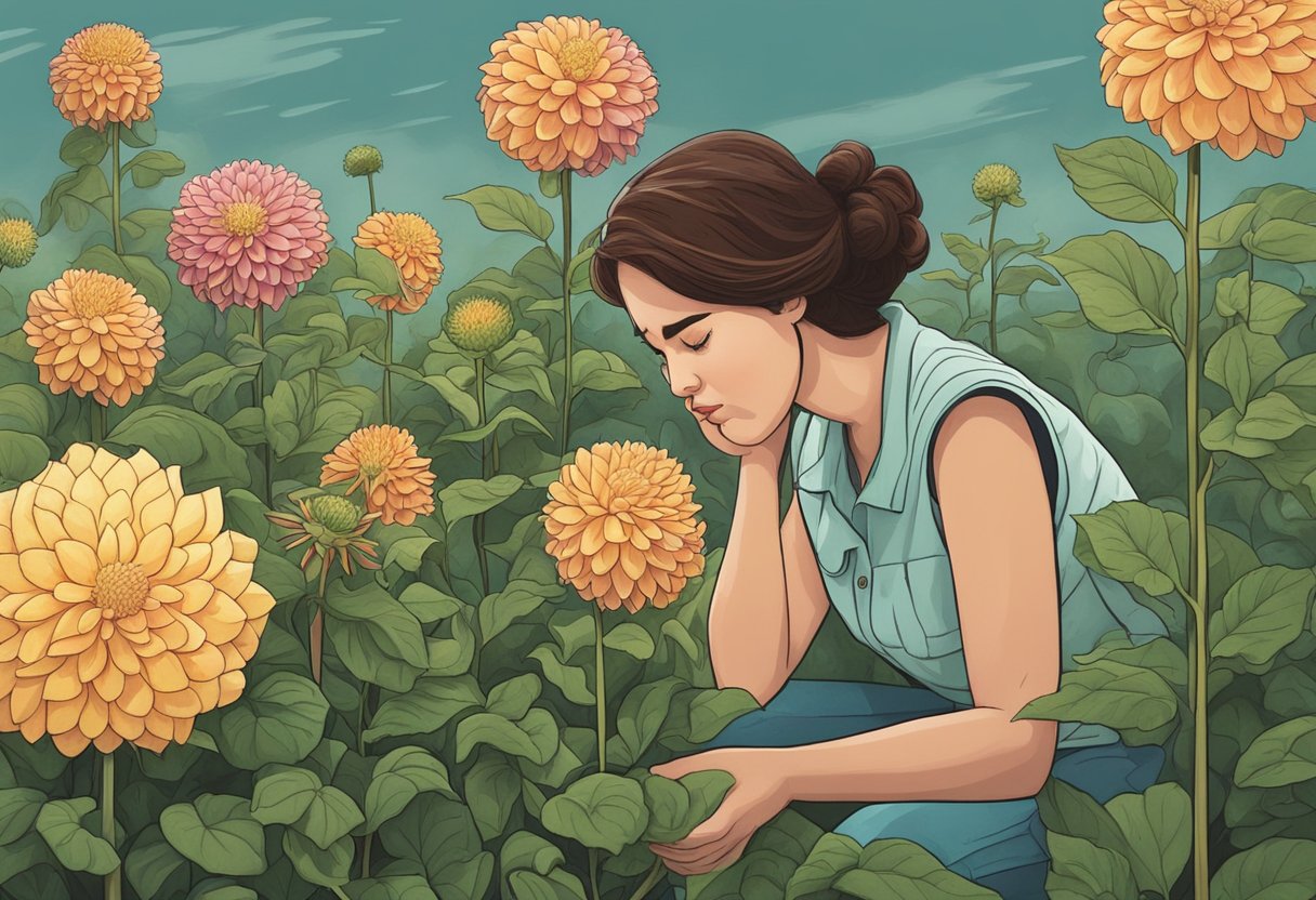 A frustrated gardener stares at her dahlia plants, wondering why they are not blooming