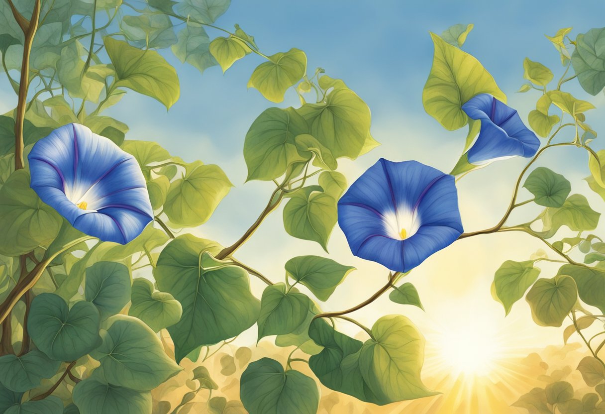 A morning glory vine twists and reaches towards the sun, its vibrant flowers closed tightly in the early morning, as if questioning why they aren't blooming