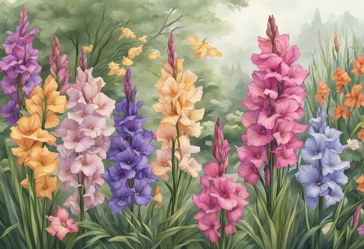 A garden with wilted gladiolus plants surrounded by other blooming flowers