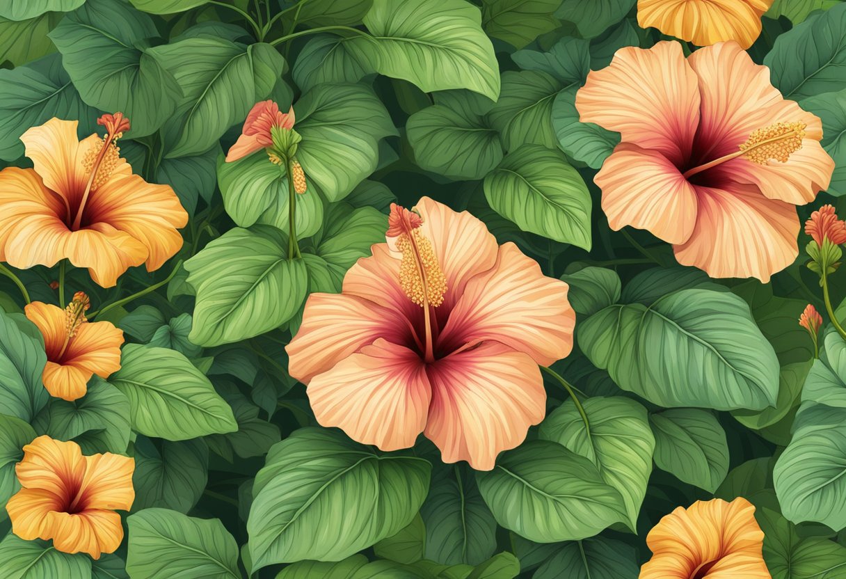 A hibiscus plant with wilted flowers and drooping leaves, surrounded by healthy green foliage