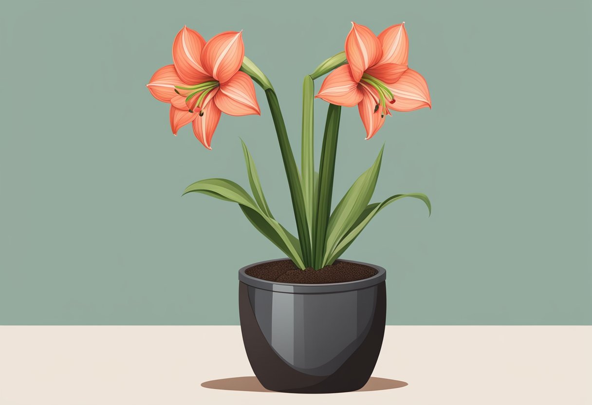 An amaryllis sits in a pot, surrounded by soil and leaves. Its stem is tall and green, but no flowers are in sight