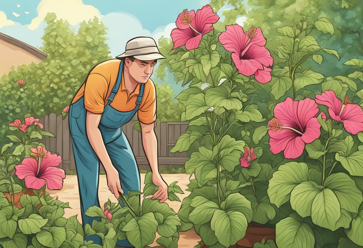 A frustrated gardener inspects hibiscus plants in a sunny garden, puzzled by their lack of blooms