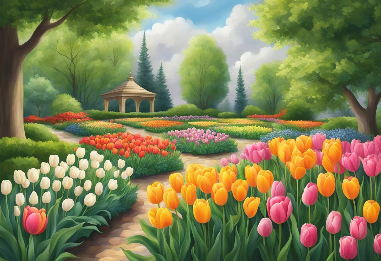 A garden filled with tulips, their vibrant petals closed tightly, surrounded by lush green leaves under a cloudy sky