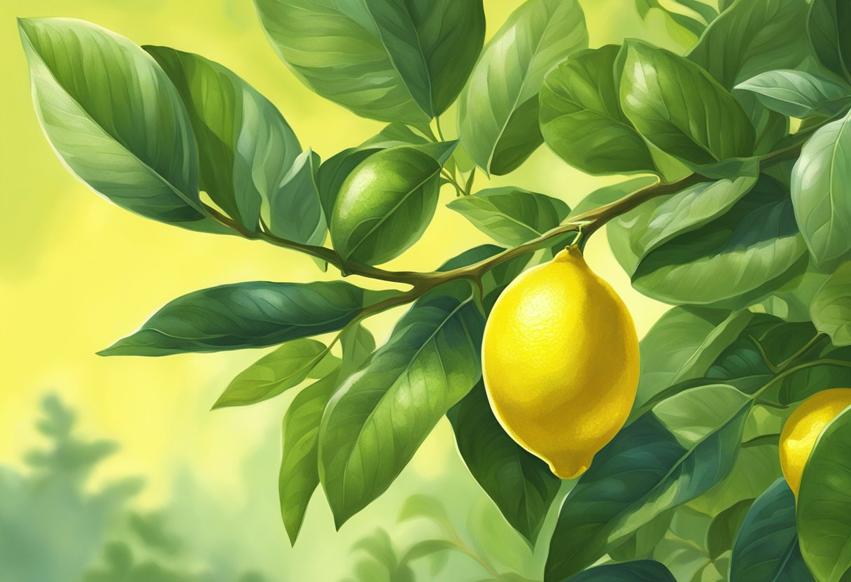 A lemon sits on a green branch, bathed in sunlight, its vibrant yellow skin glowing against the backdrop of lush foliage