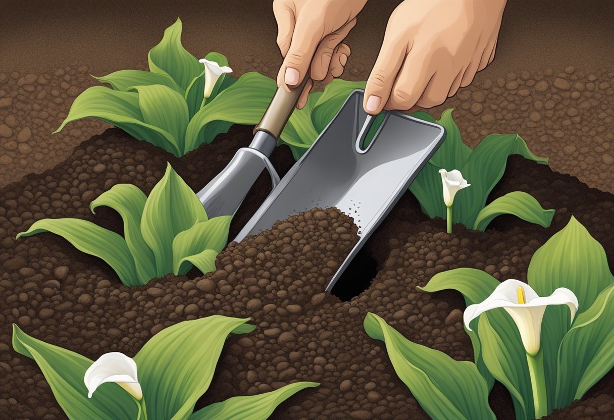 A hand trowel digs a hole in moist, well-drained soil. Calla lily bulbs are placed 4 inches deep, spaced 12 inches apart, and covered with soil