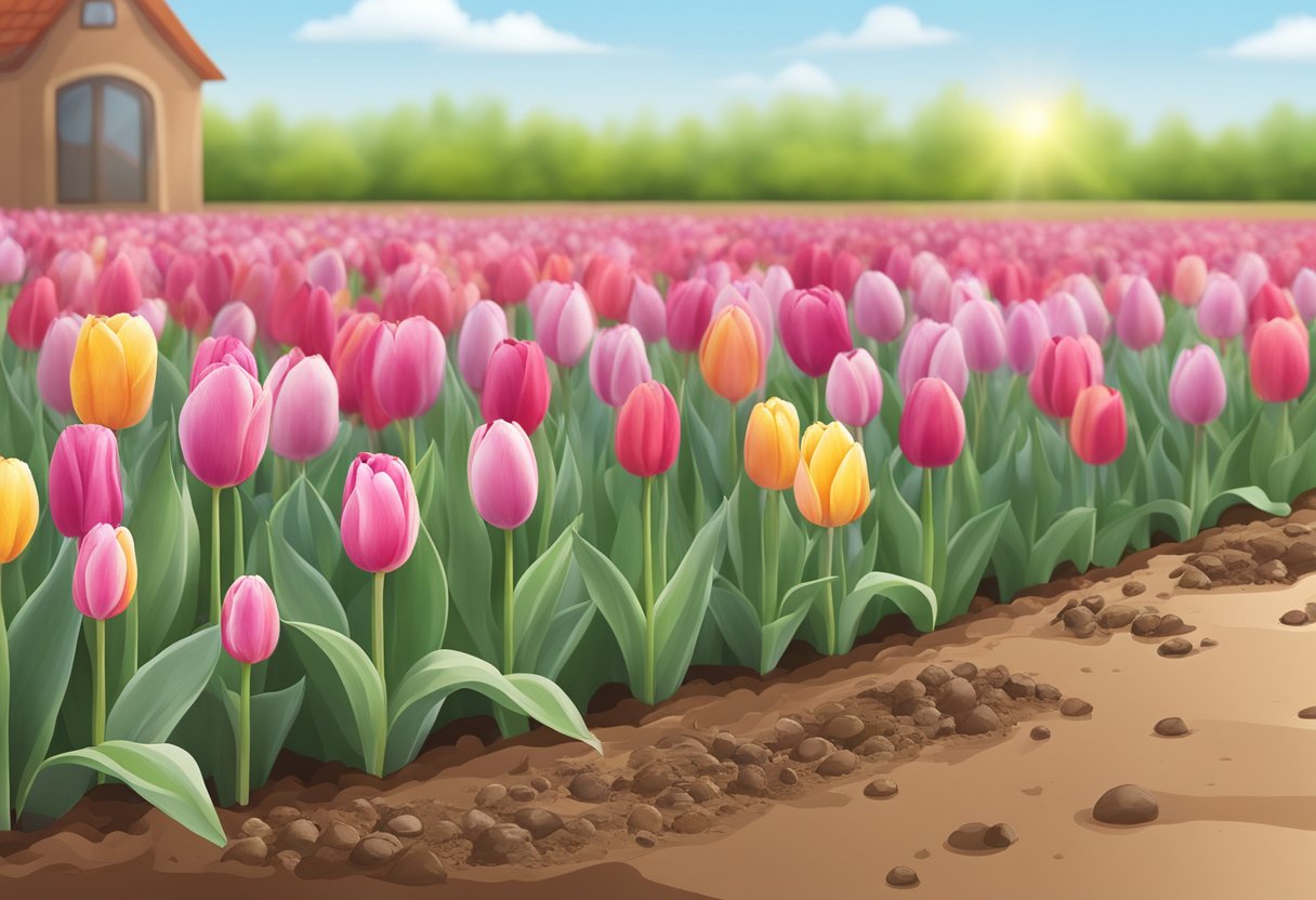 Tulip bulbs are placed in a shallow hole, covered with soil, and watered. Sunlight and regular watering help them grow
