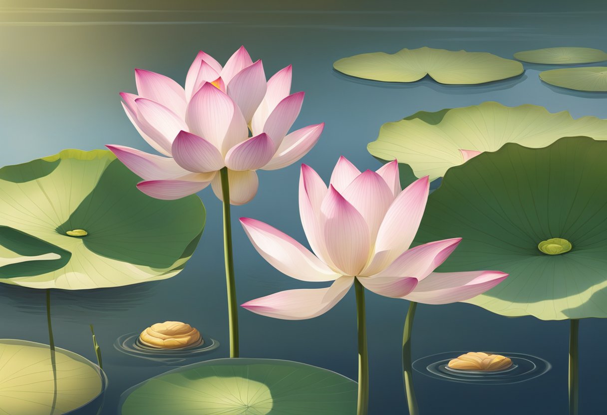 Lotus flower emerging from murky water, with long, slender stems and large, vibrant petals unfurling under the warm sun