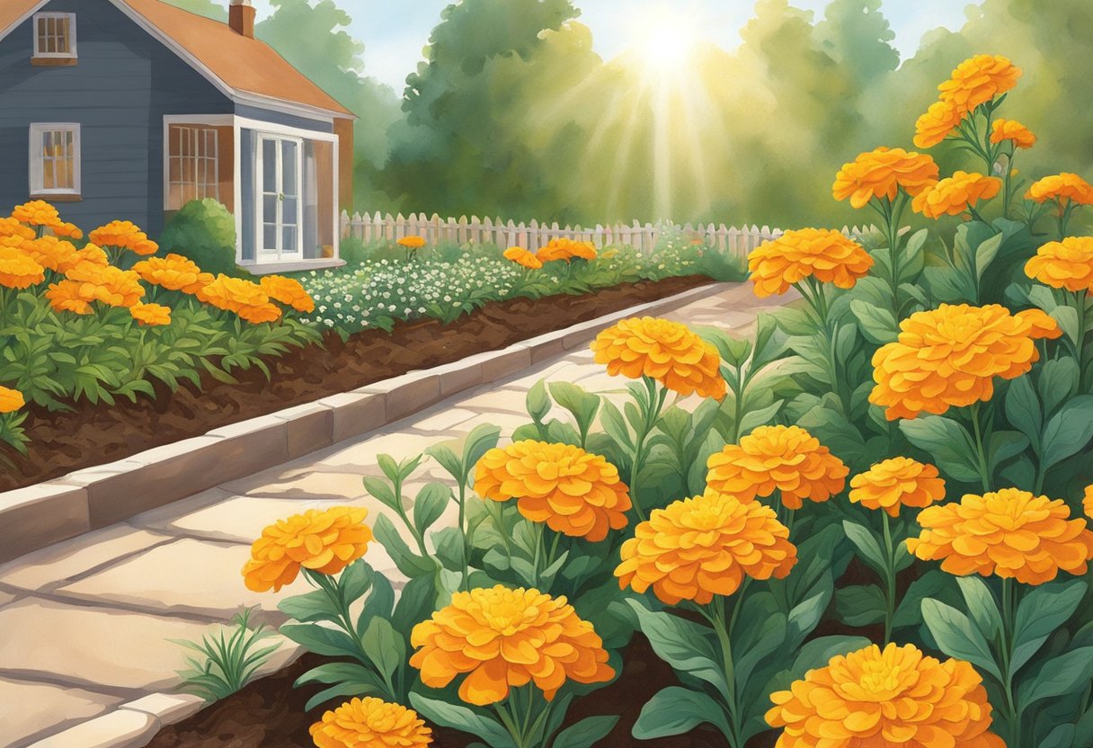 Bright sunlight shines on a row of marigolds in well-drained soil. A gardener gently waters the plants at their base, avoiding wetting the leaves. A layer of mulch helps retain moisture and suppress weeds