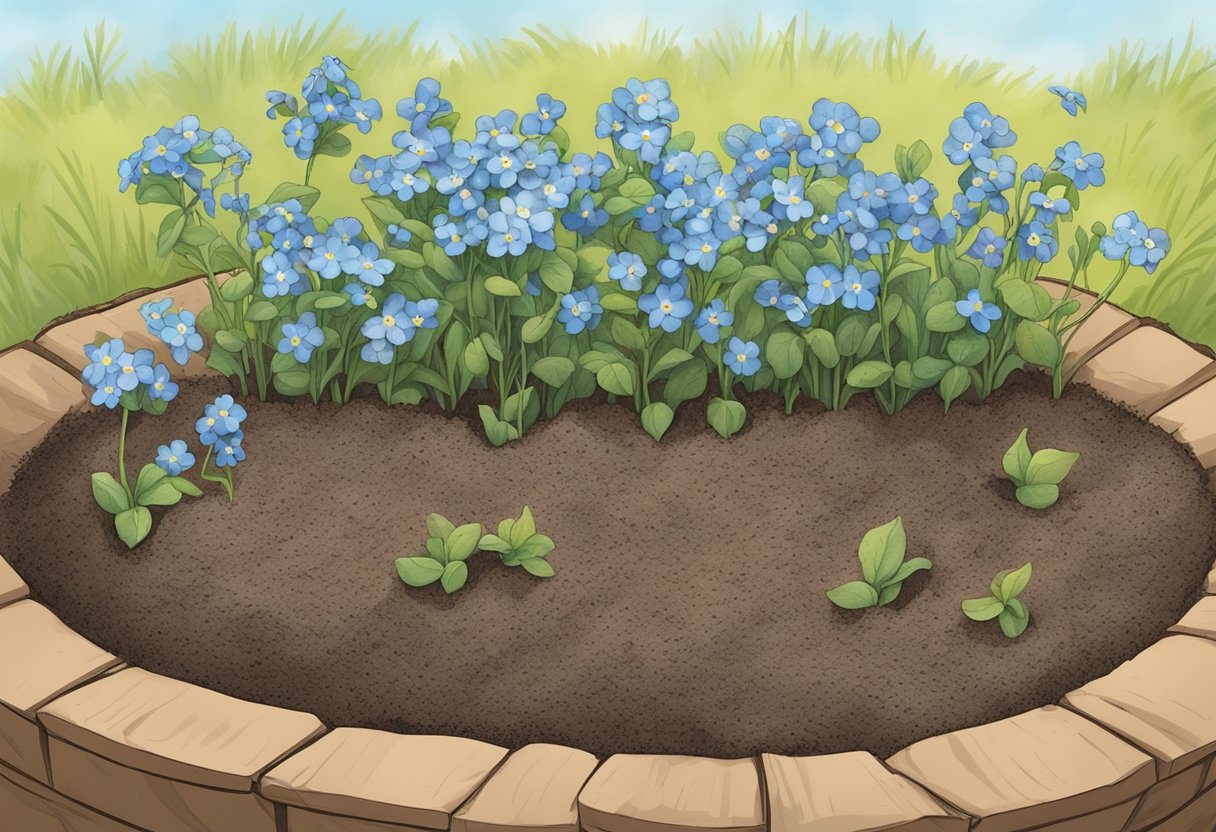 Forget-me-not seeds dropped into a freshly tilled garden bed, covered with a thin layer of soil, and gently watered