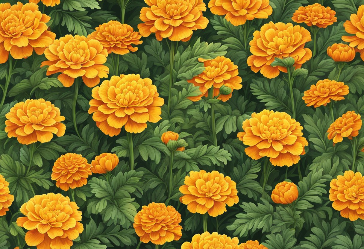 Marigolds reach up to 36 inches in height, with bright orange and yellow blooms. The flowers are surrounded by lush green foliage