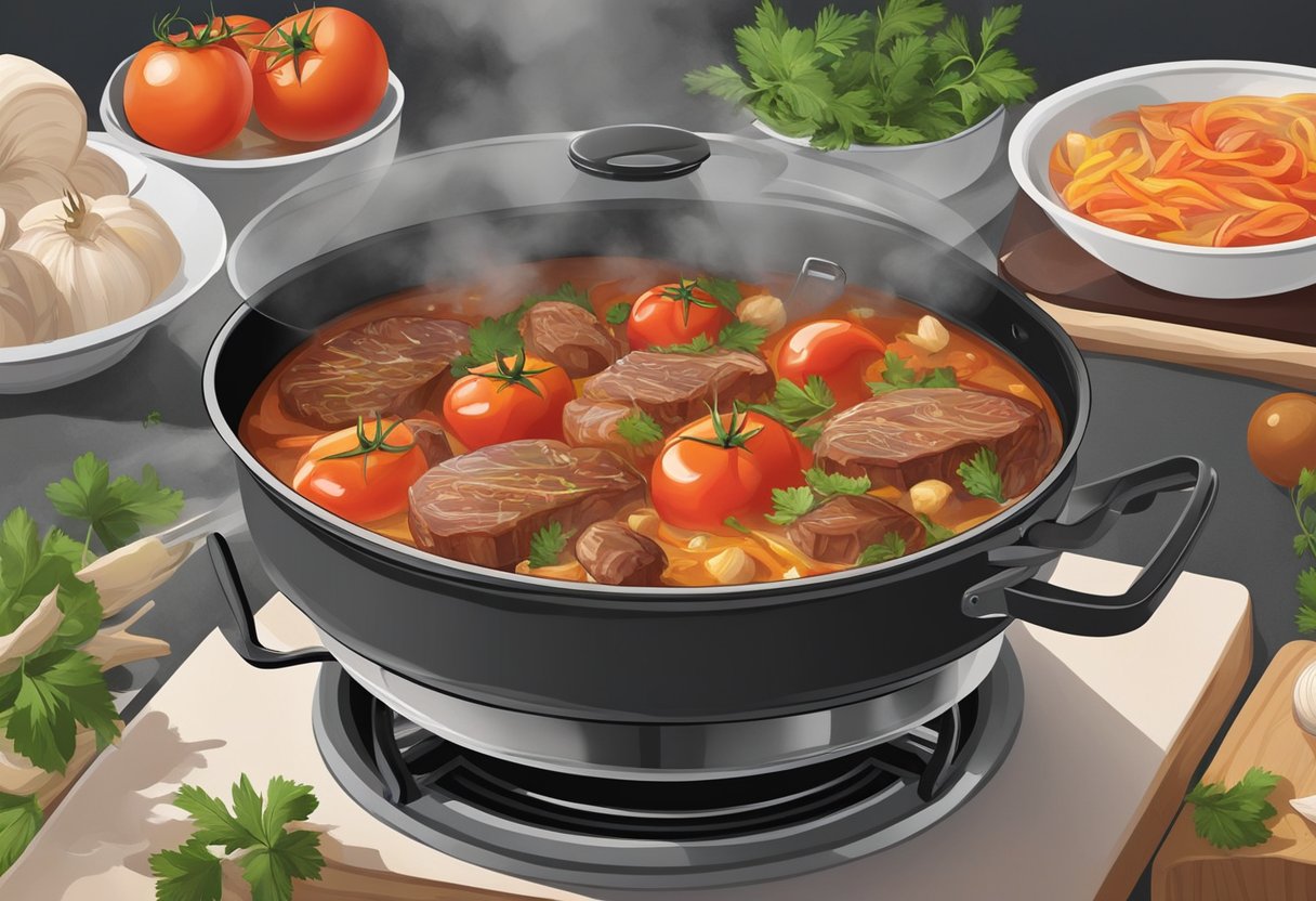 A pot simmers on a stove with tomatoes, garlic, herbs, and meat, creating a rich aroma. Onions sizzle in another pan, filling the air with their savory scent