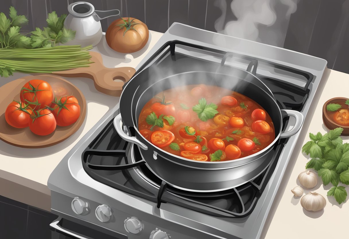 A pot simmers on a stovetop, filled with tomatoes, garlic, onions, and herbs. Steam rises as the ingredients blend into a rich, aromatic Italian Sunday gravy