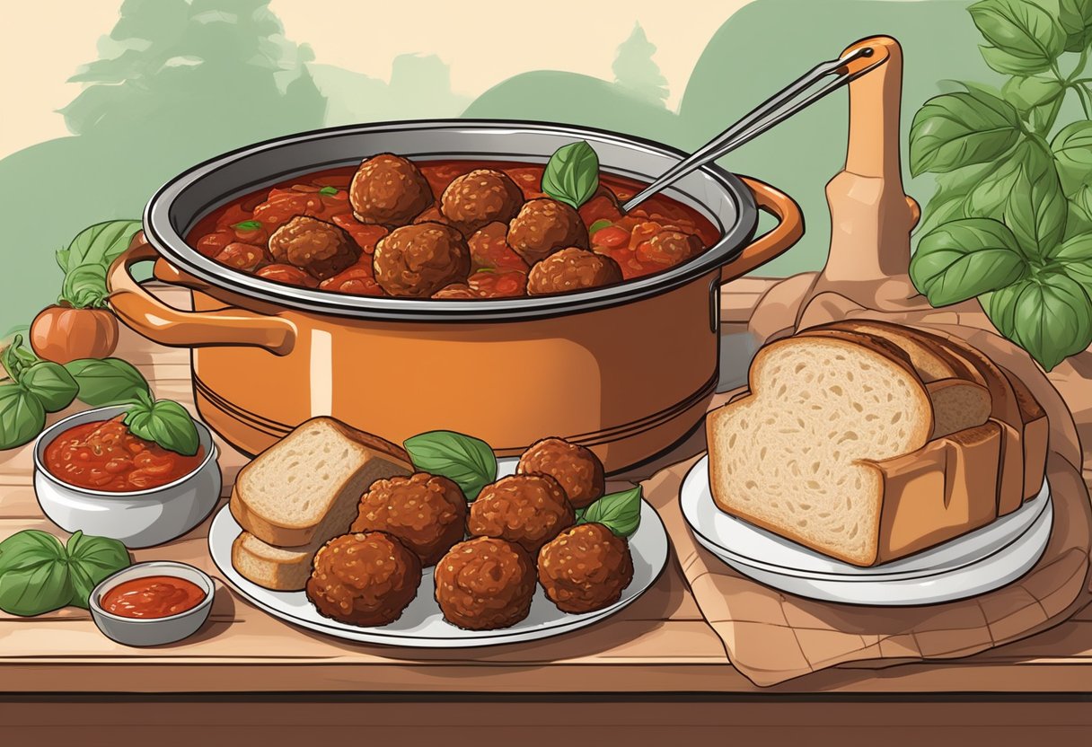 A pot of simmering tomato sauce with meatballs, sausage, and pork ribs, surrounded by fresh basil and a loaf of crusty bread