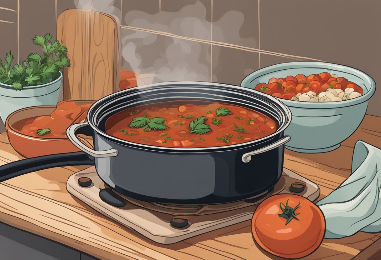 A pot of simmering Sunday gravy sits on a stovetop. Ingredients like tomatoes, garlic, and herbs are scattered nearby, along with a wooden spoon for stirring