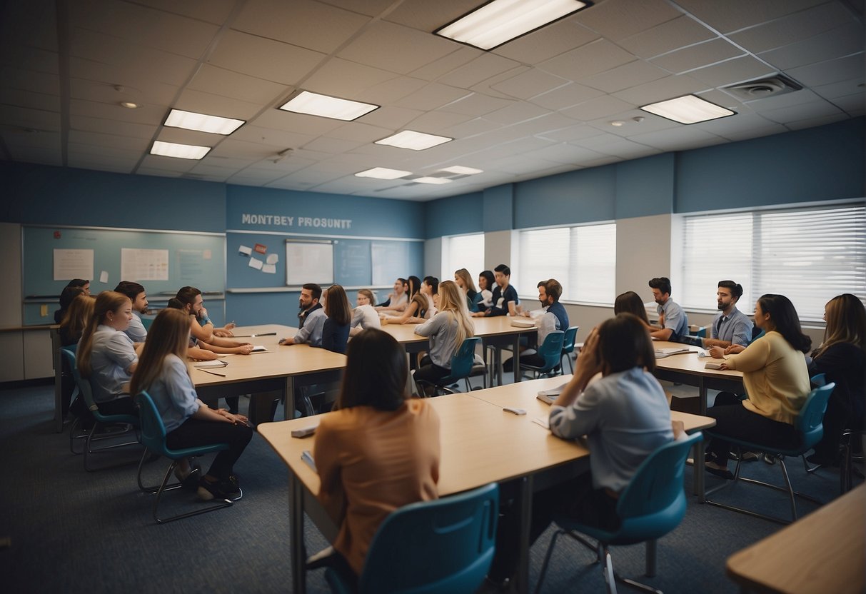 A classroom filled with attentive students, a mock airplane cabin for practice, and instructors leading interactive lessons on safety procedures and customer service