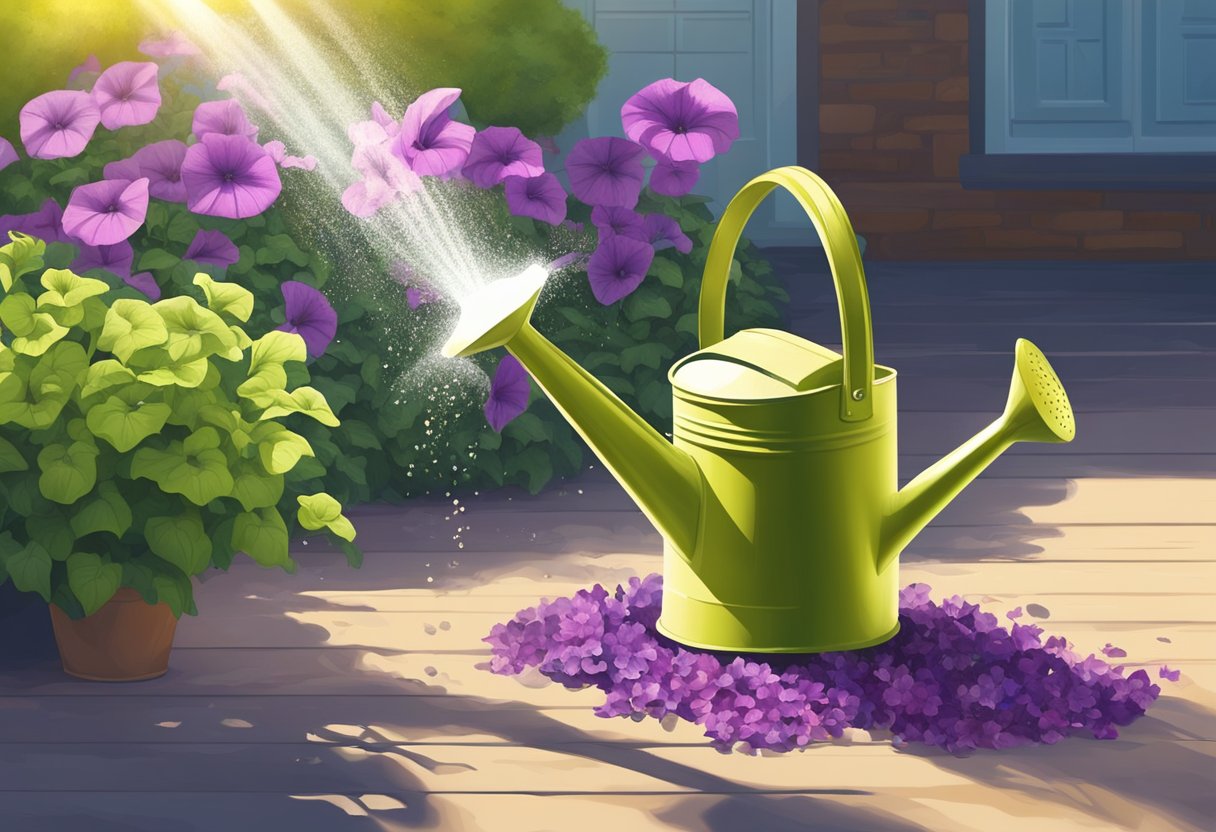 Watering can pours on wilted petunias, sunlight beams down. Fertilizer sprinkled around the base, soil moistened. Petunias perk up, vibrant and healthy