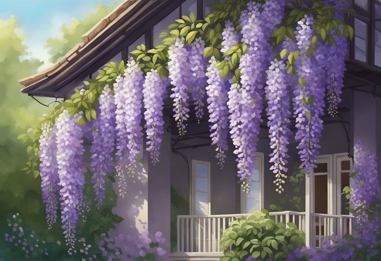 Wisteria blooms cascade over a trellis, filling the air with a sweet fragrance. The delicate purple flowers hang in long clusters, swaying gently in the breeze