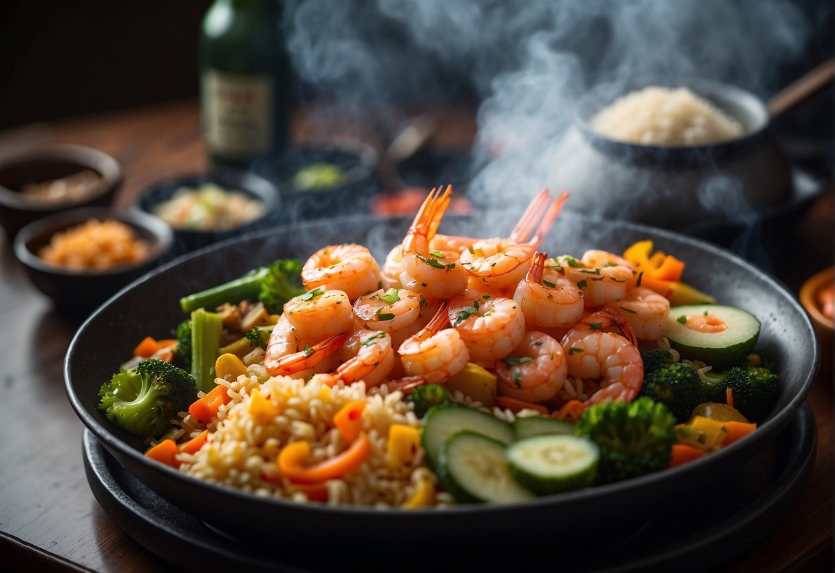 A sizzling hibachi grill with succulent shrimp, surrounded by colorful vegetables and steaming fried rice. Sake bottles and elegant chopsticks complete the scene