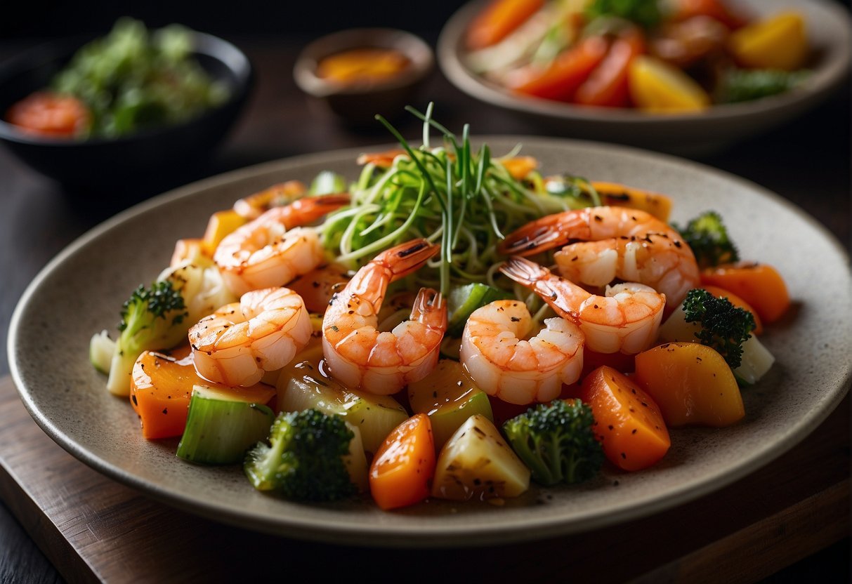 A sizzling hibachi grill with succulent shrimp, surrounded by vibrant vegetables and a drizzle of savory sauce