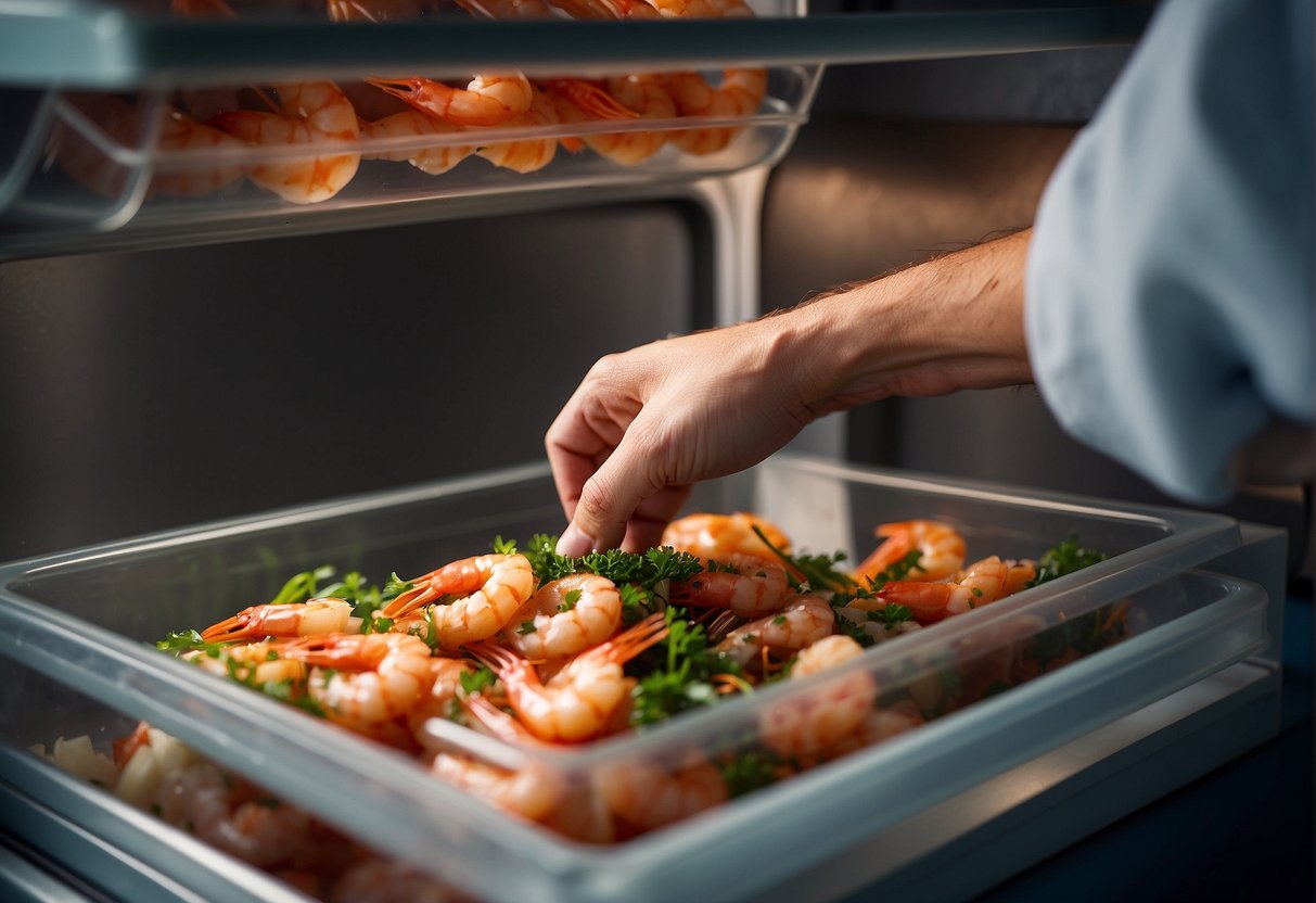 A hand reaches for a container of marinated shrimp in a refrigerator. A microwave sits on the counter, ready to reheat the dish