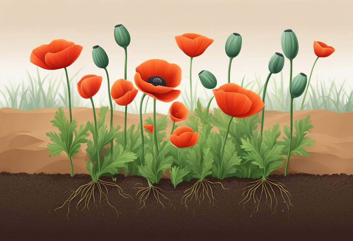 A small poppy seed is planted in rich soil. The seedling emerges, grows taller, and eventually blooms into a vibrant red poppy flower